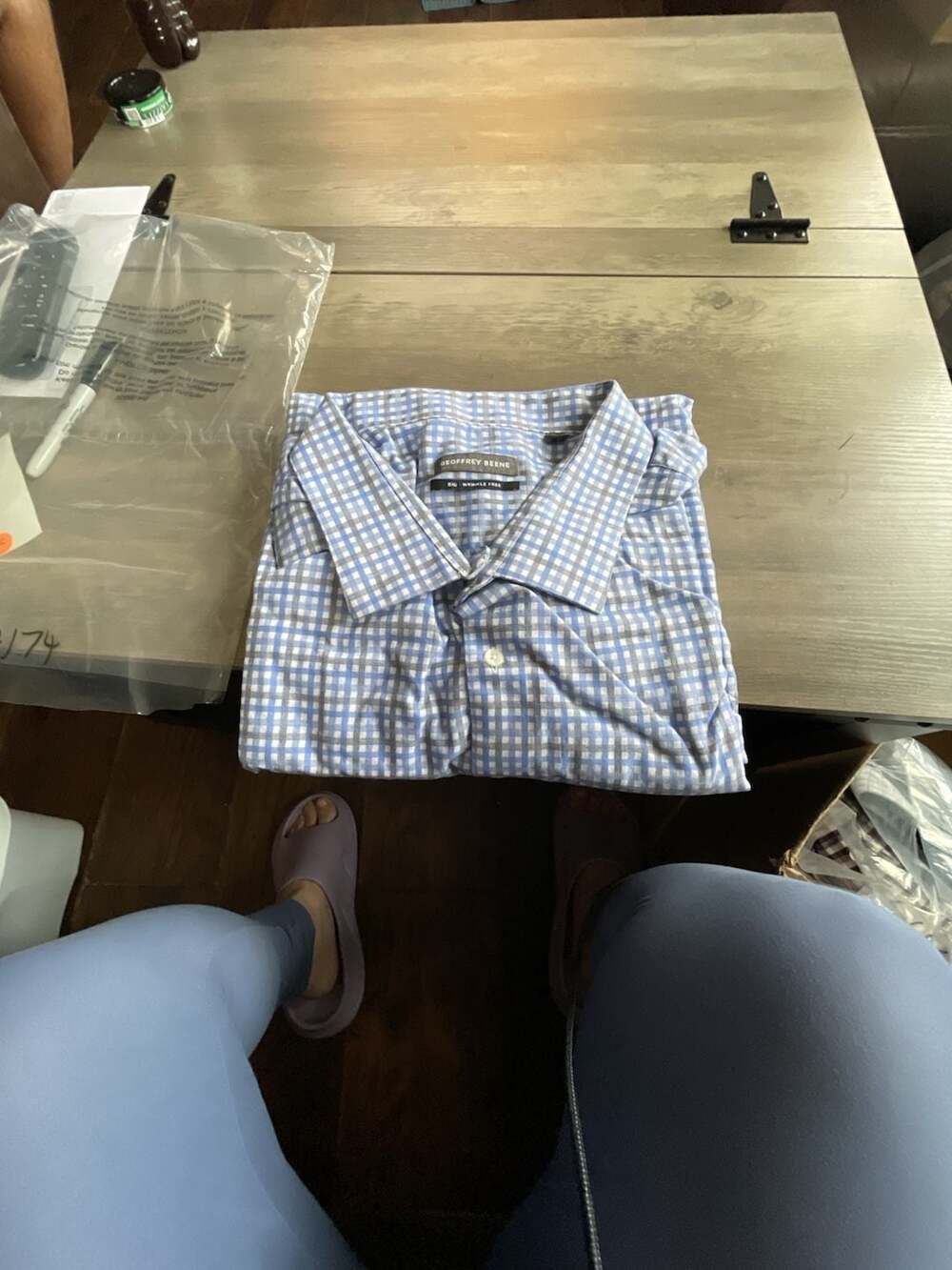 #A174 Geoffrey Beene Dress Shirt Size 22 34/35 Blue Plaid Check Long Sleeve